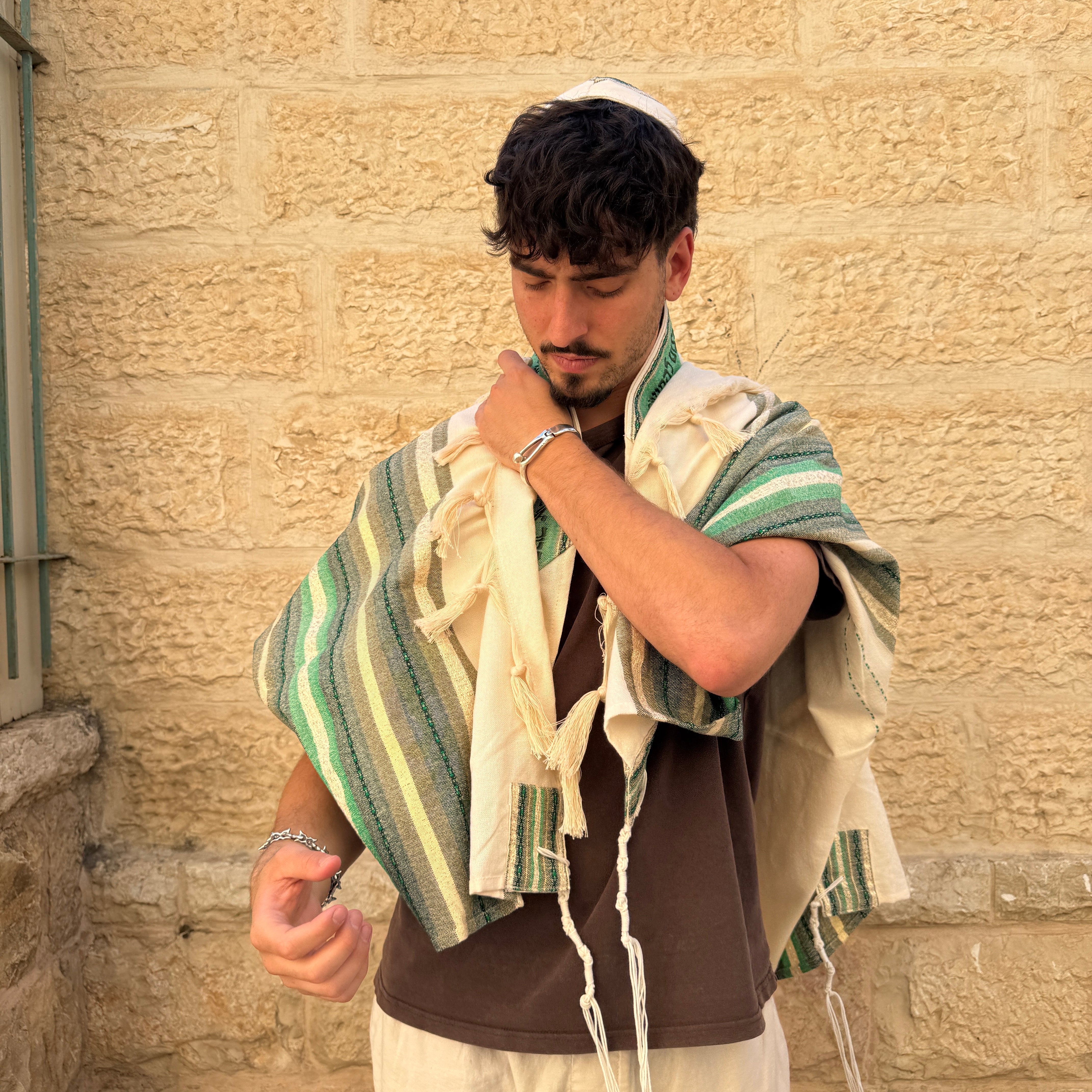 Gabrieli Premium - Cotton Tallit - Green & Gold on Off-white