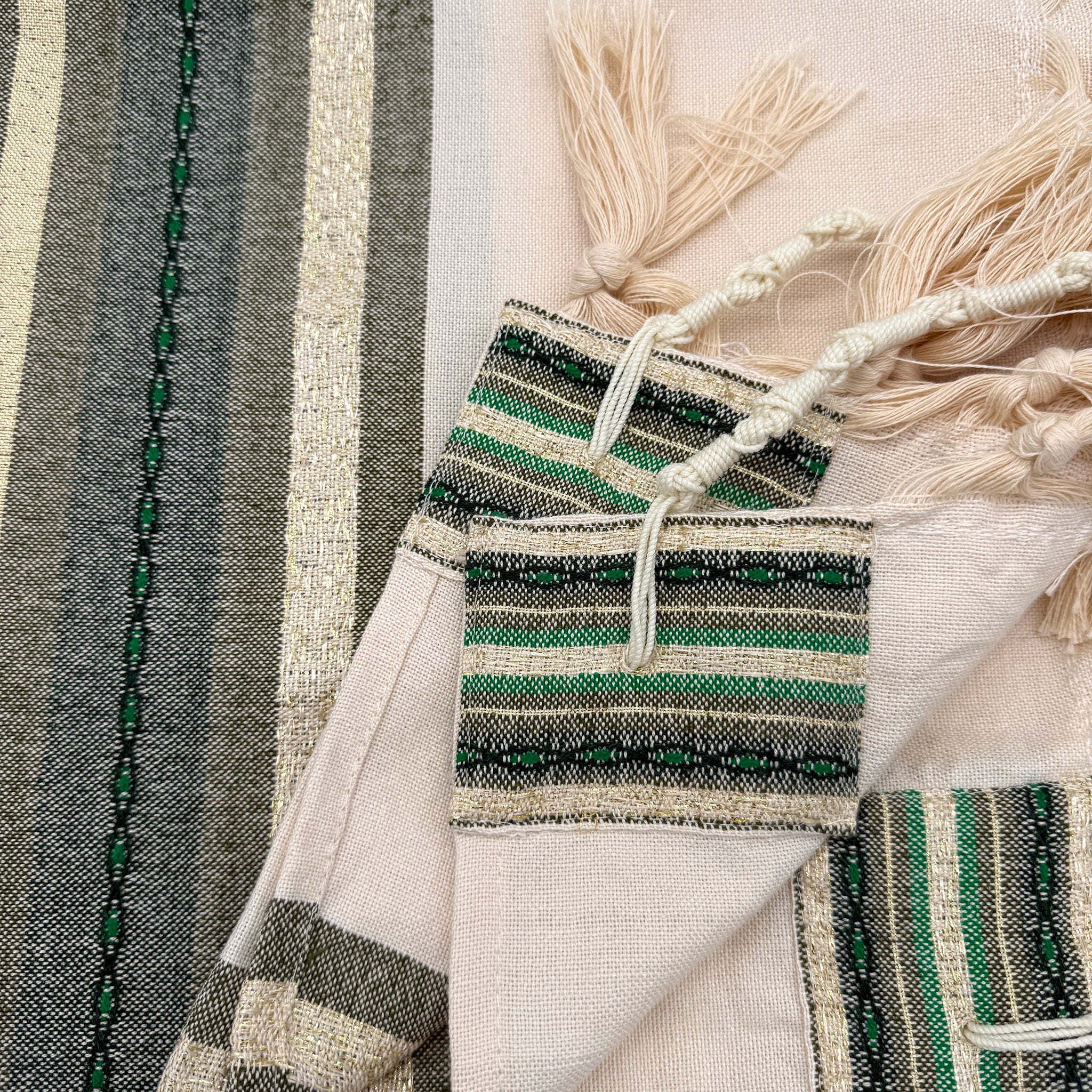 Gabrieli Premium - Cotton Tallit - Green $ Gold on Off-white