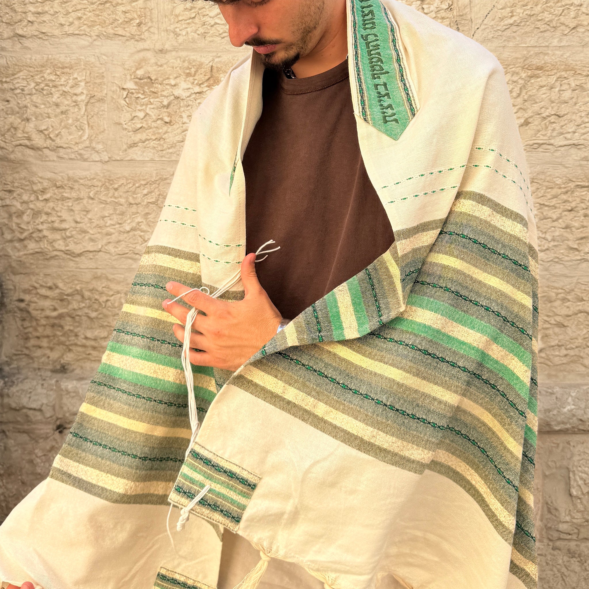 Gabrieli Premium - Cotton Tallit - Green $ Gold on Off-white