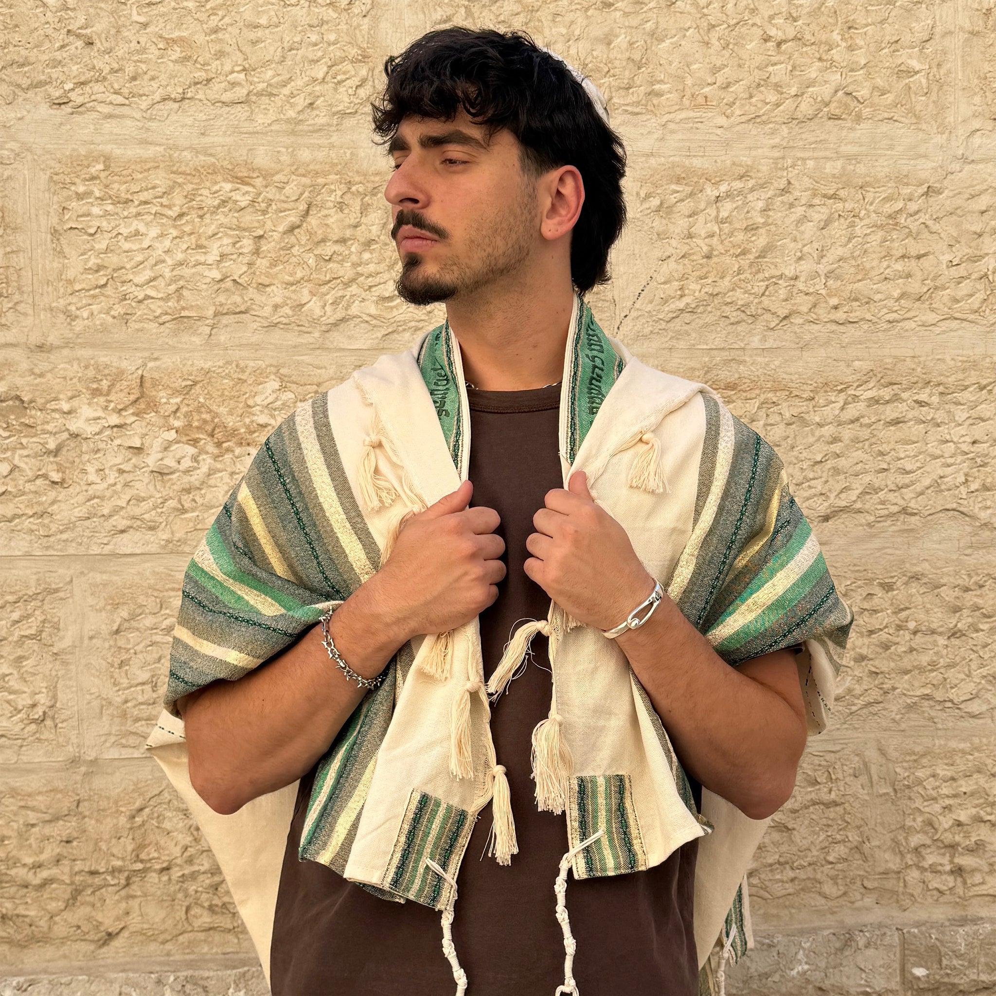 Gabrieli Premium - Cotton Tallit - Green $ Gold on Off-white