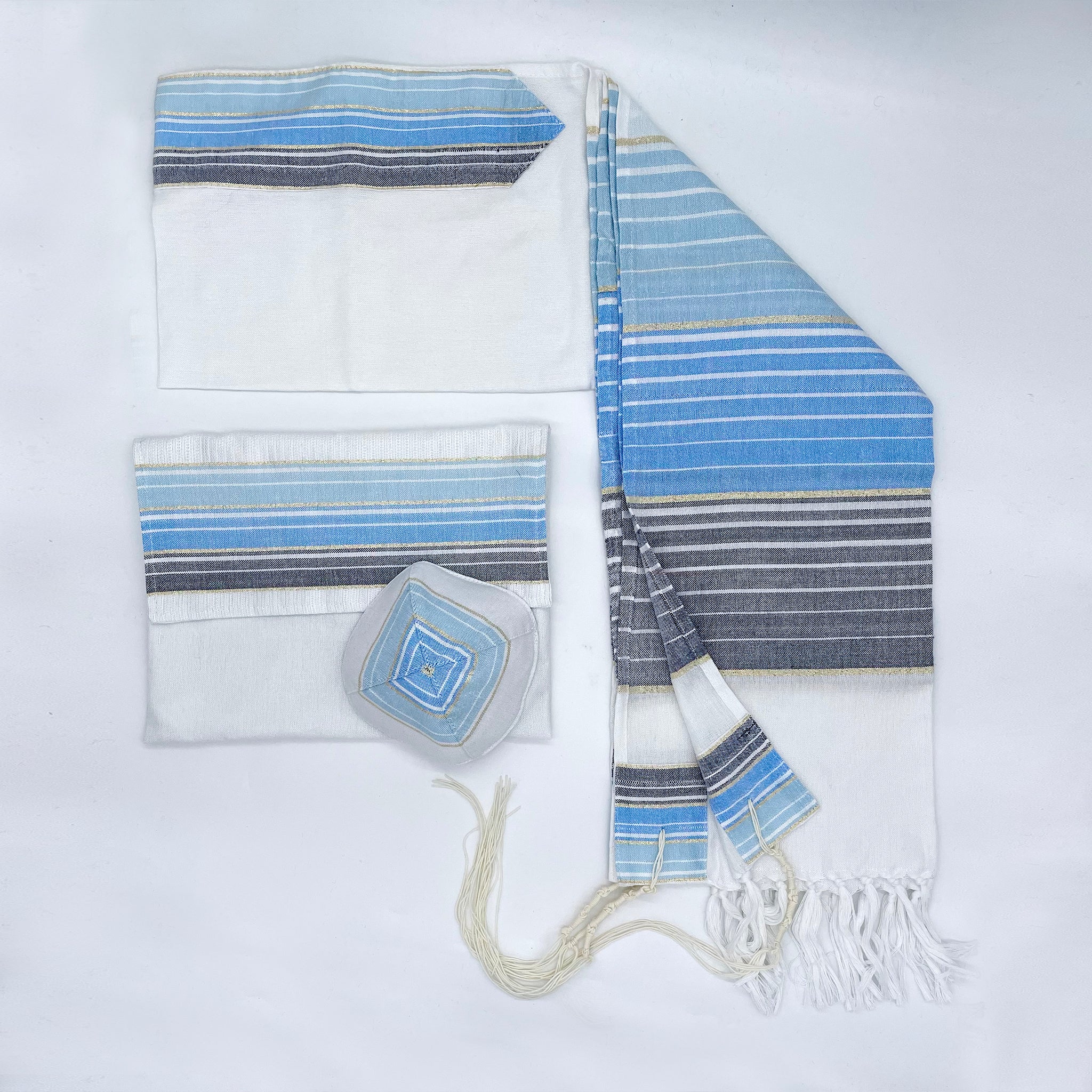 Ella - Silk Tallit - Shades of Blue with Gold on White
