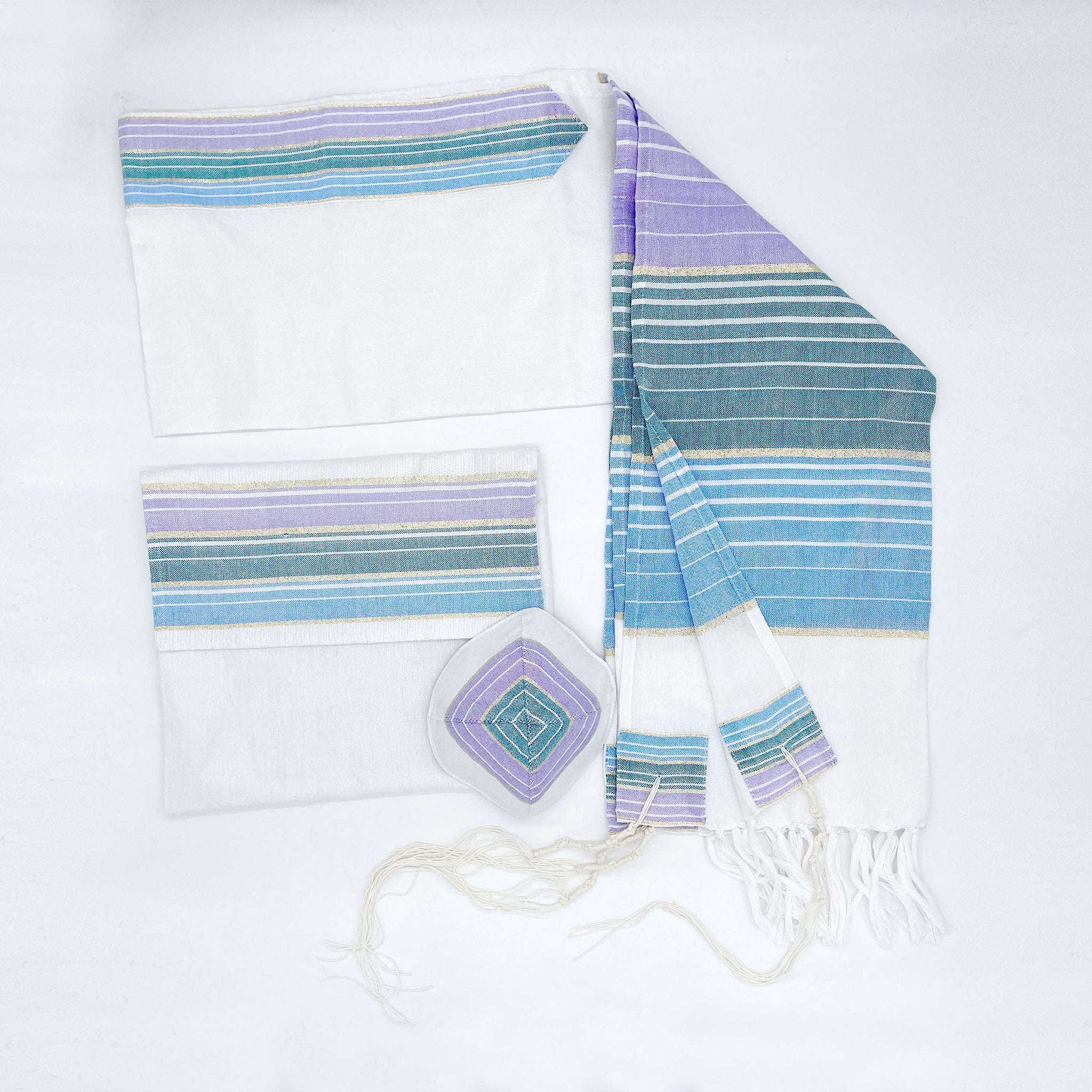 Ella - Silk Tallit - Pastel Purple, Teal and blue with Gold on White