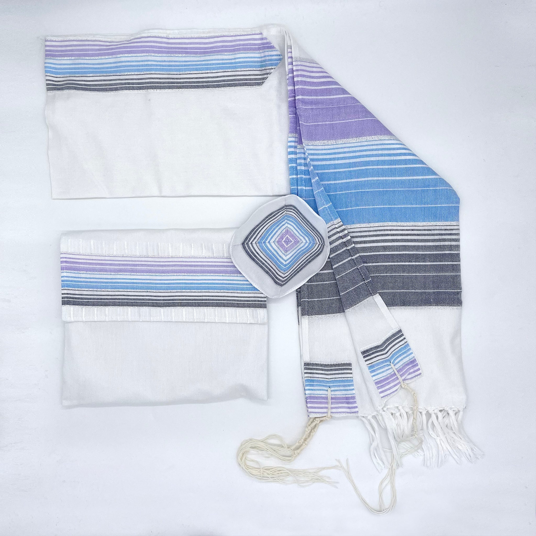Ella - Silk Tallit - Pastel Purple and blues with Silver on White