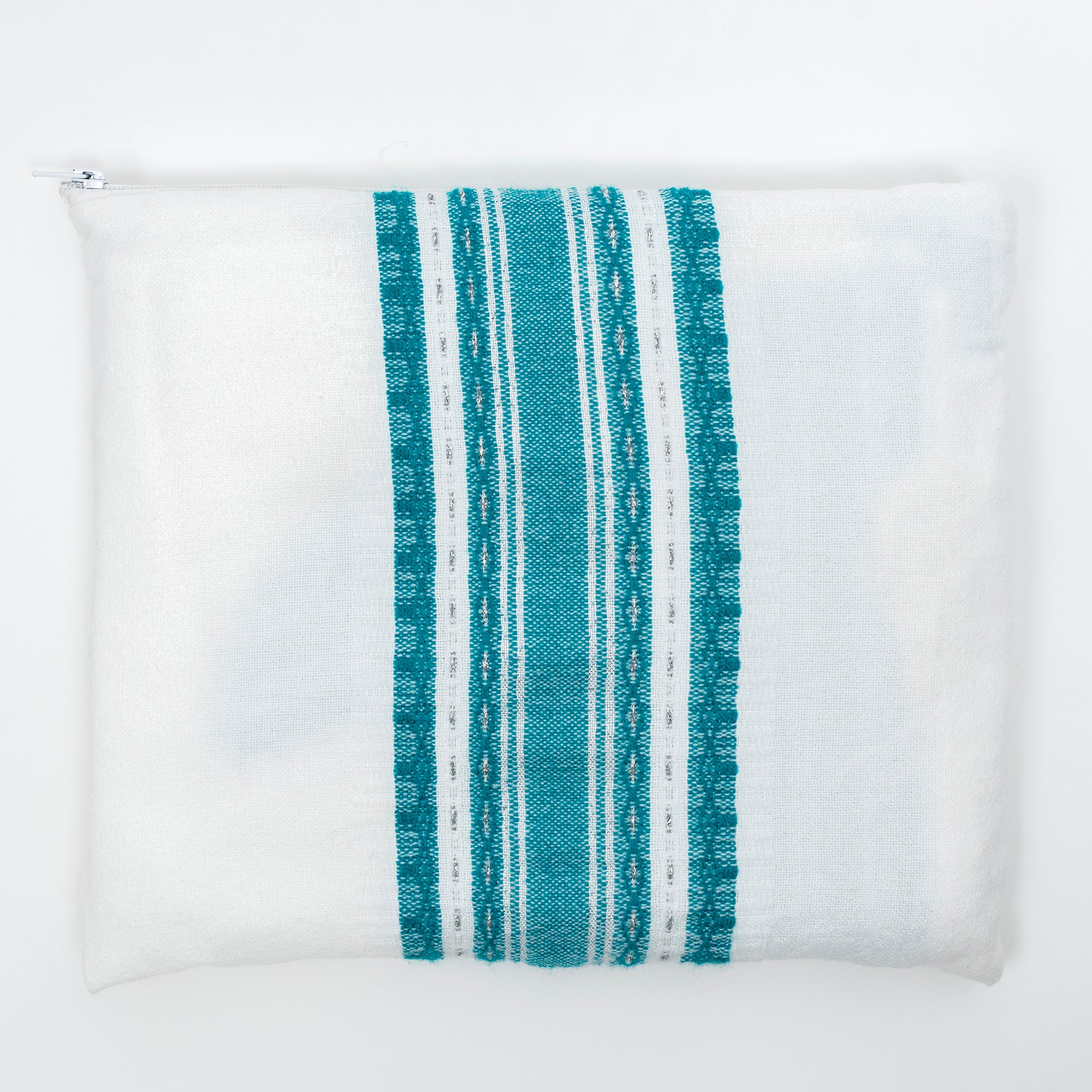 Samuel - Wool Tallit  - Turquoise and Silver on White