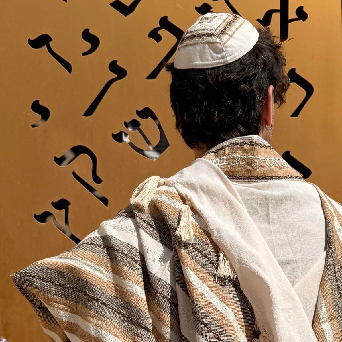 Gabrieli Premium - Cotton Tallit - Brown & Silver on Off-white