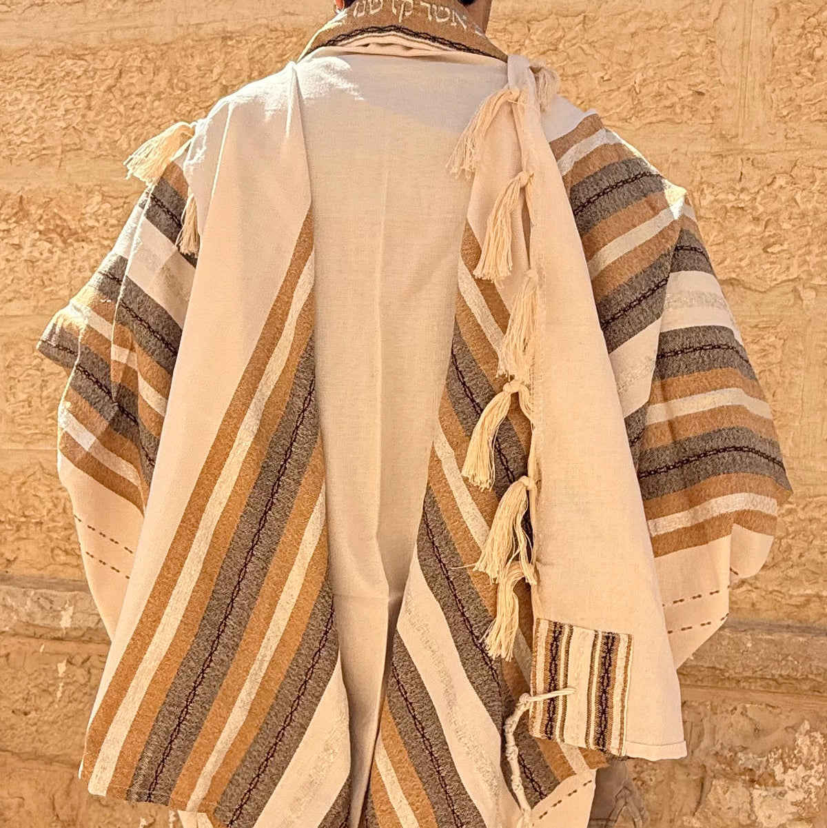 Gabrieli Premium - Cotton Tallit - Brown & Silver on Off-white