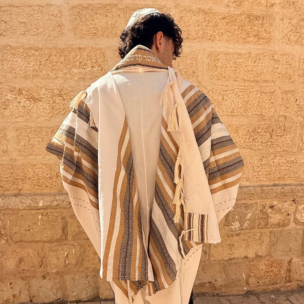 Gabrieli Premium - Cotton Tallit - Brown & Silver on Off-white