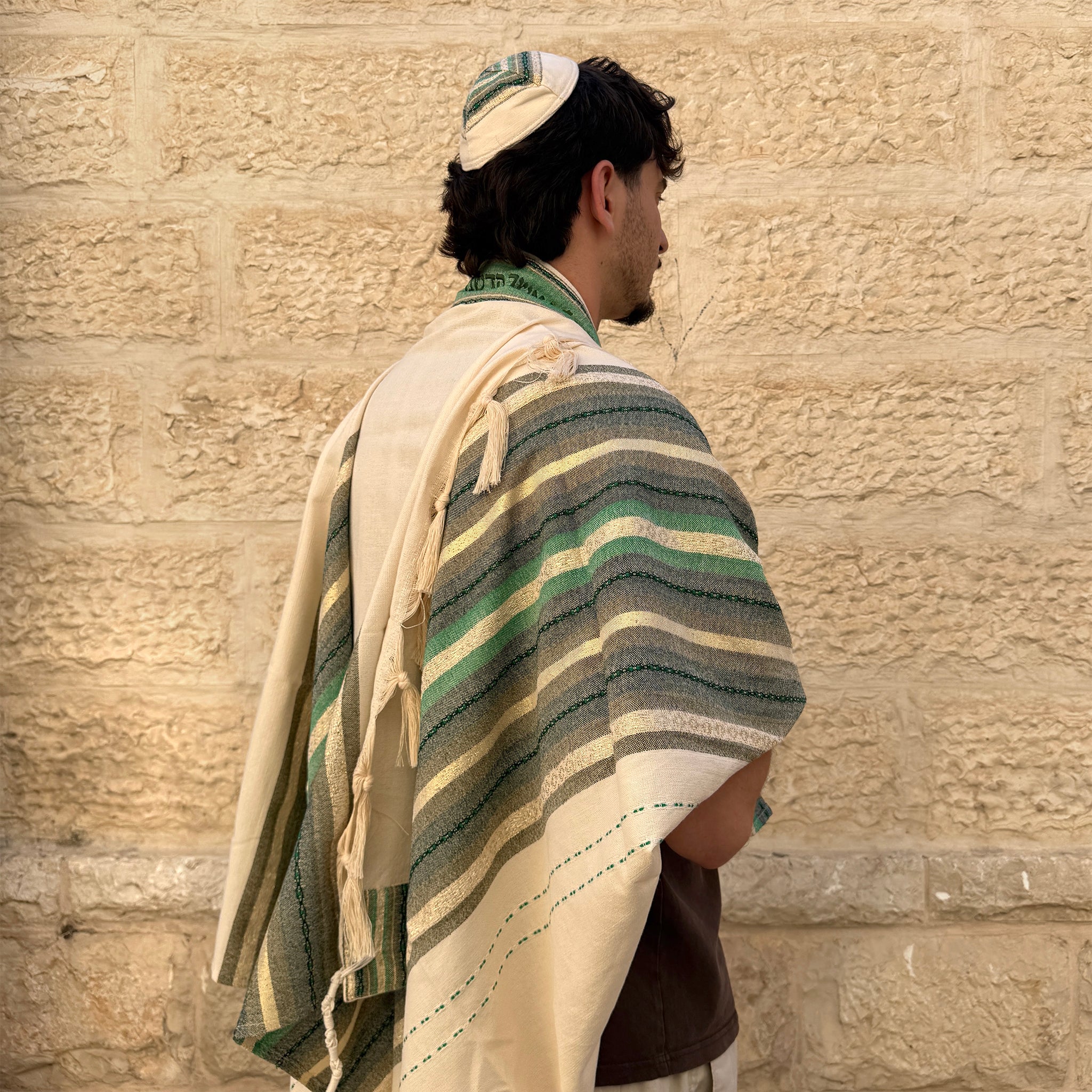 Gabrieli Premium - Cotton Tallit - Green $ Gold on Off-white