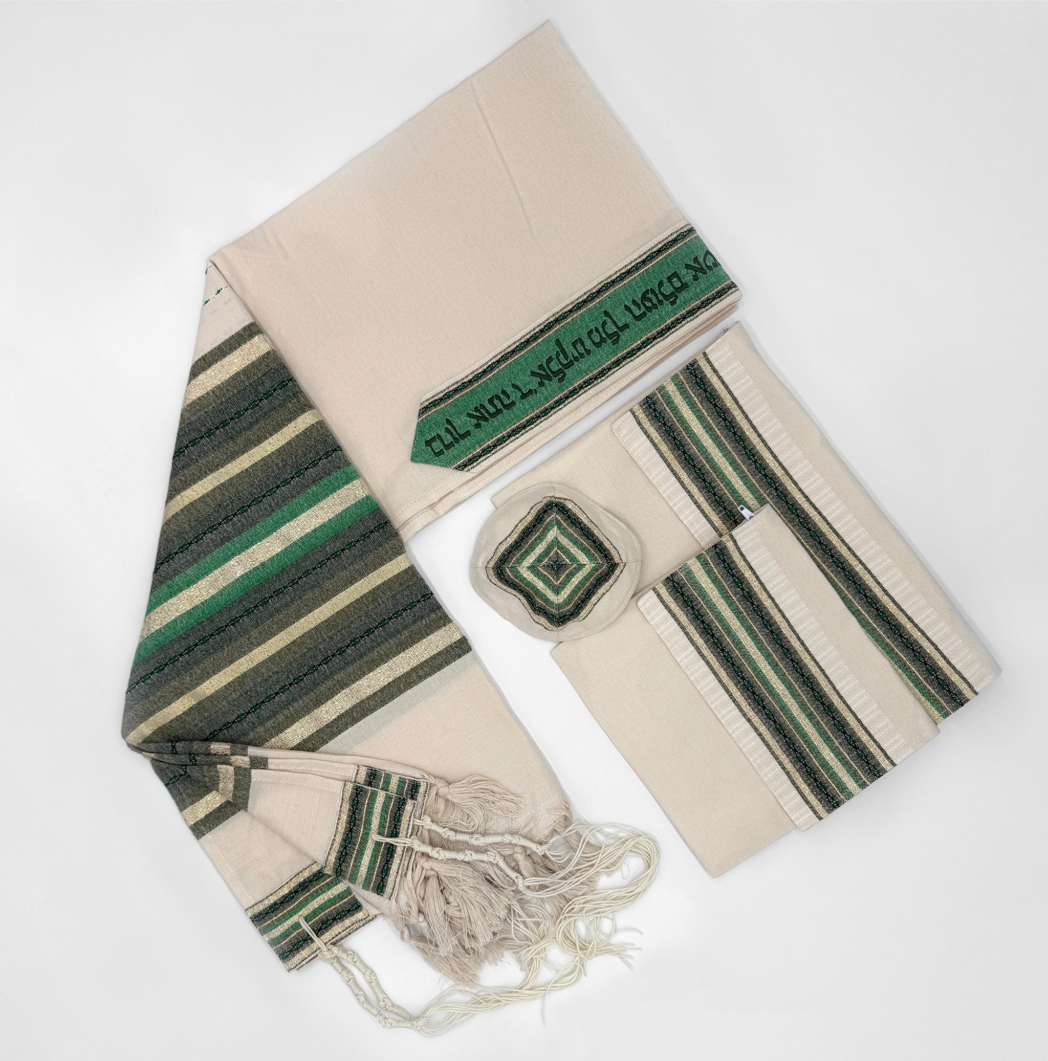 Gabrieli Premium - Cotton Tallit - Green $ Gold on Off-white