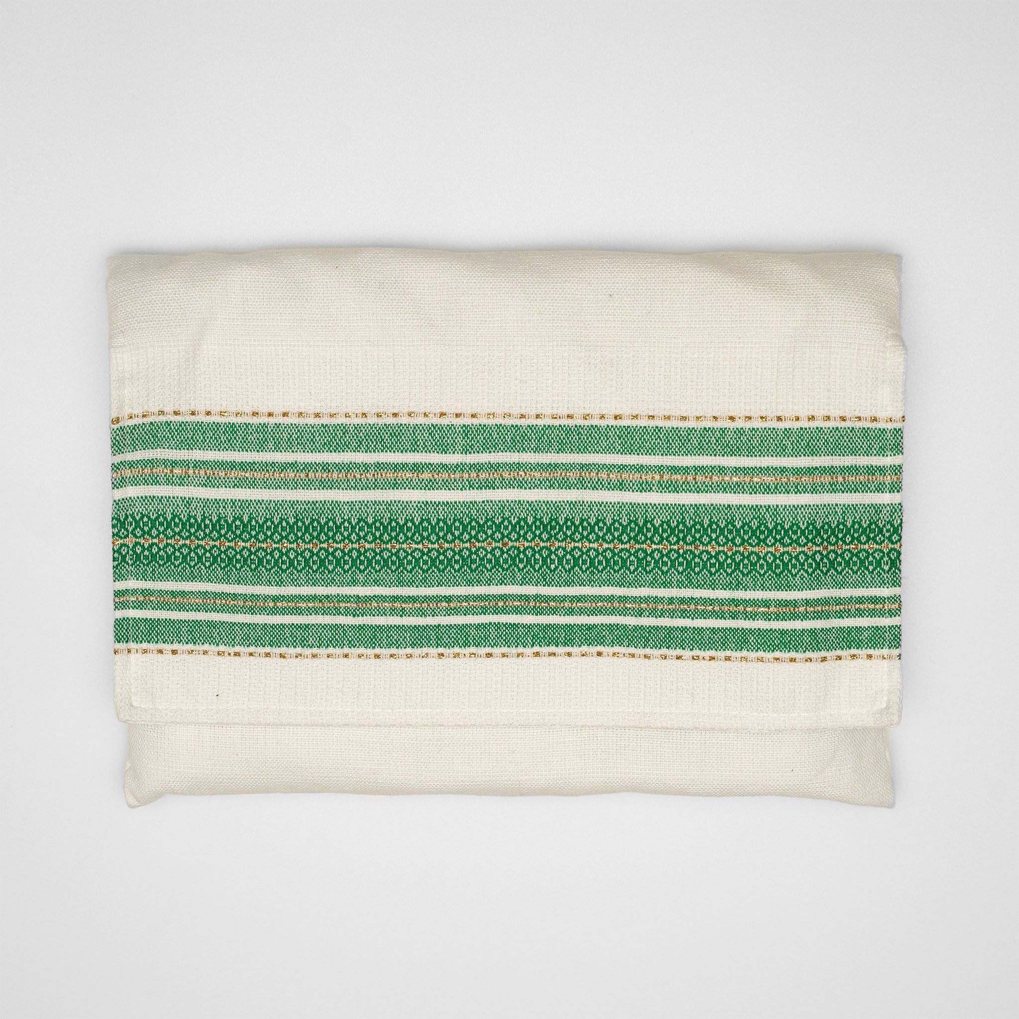 Elia - Cotton Tallit - Green with Gold on Off-White
